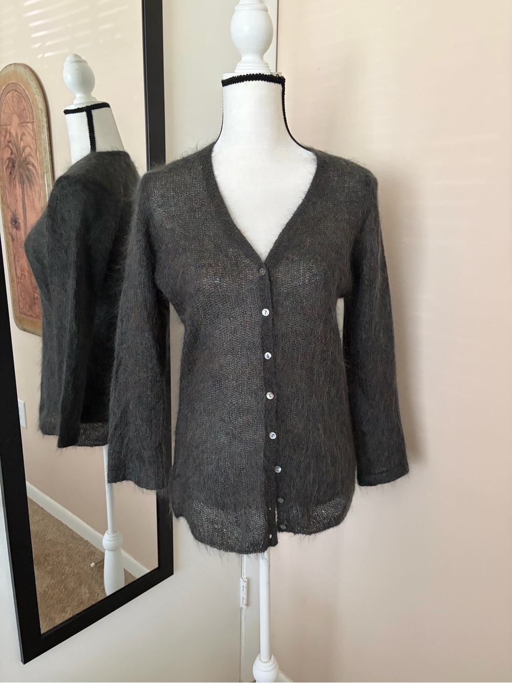 Theory Dark Gray & Brown Mohair Long Sleeve Button up Cardigan Sweater. Size L